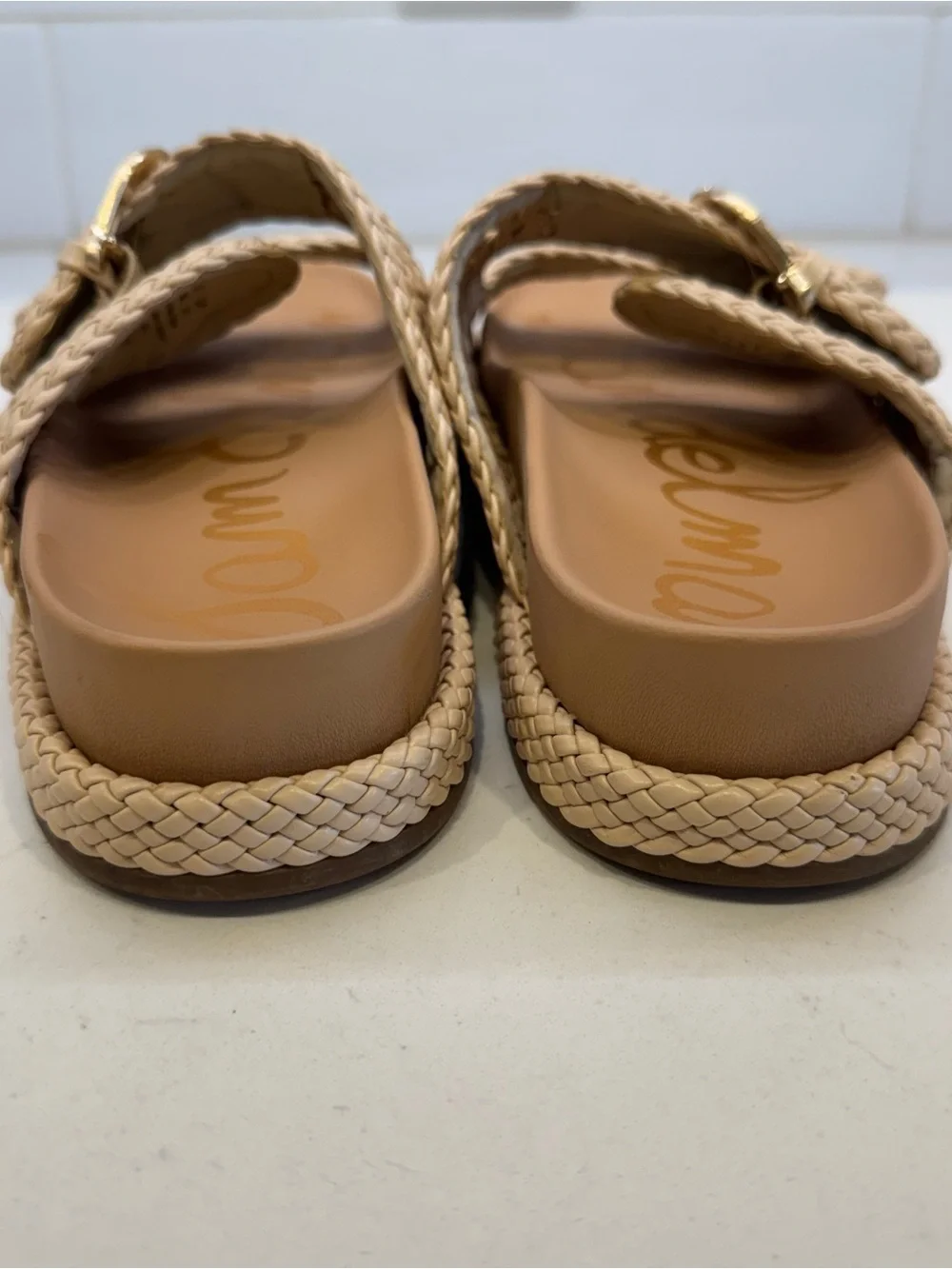 Sam Edelman Reid Woven Double Buckle Platform Slide Sandals Beige Size 8